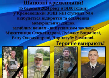 На школі в Кременецькій громаді відкриють відразу чотири меморіальні дошки загиблим захисникам